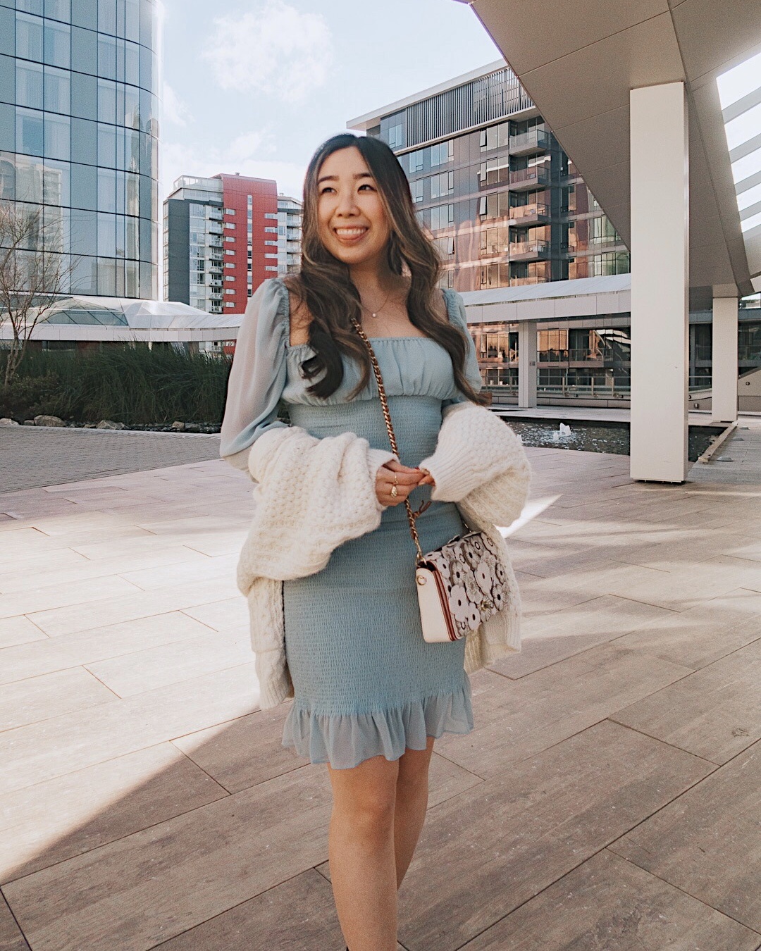 Enjoying a crisp spring day with my favourite turquoise dress, cozy knit cardigan and floral bag