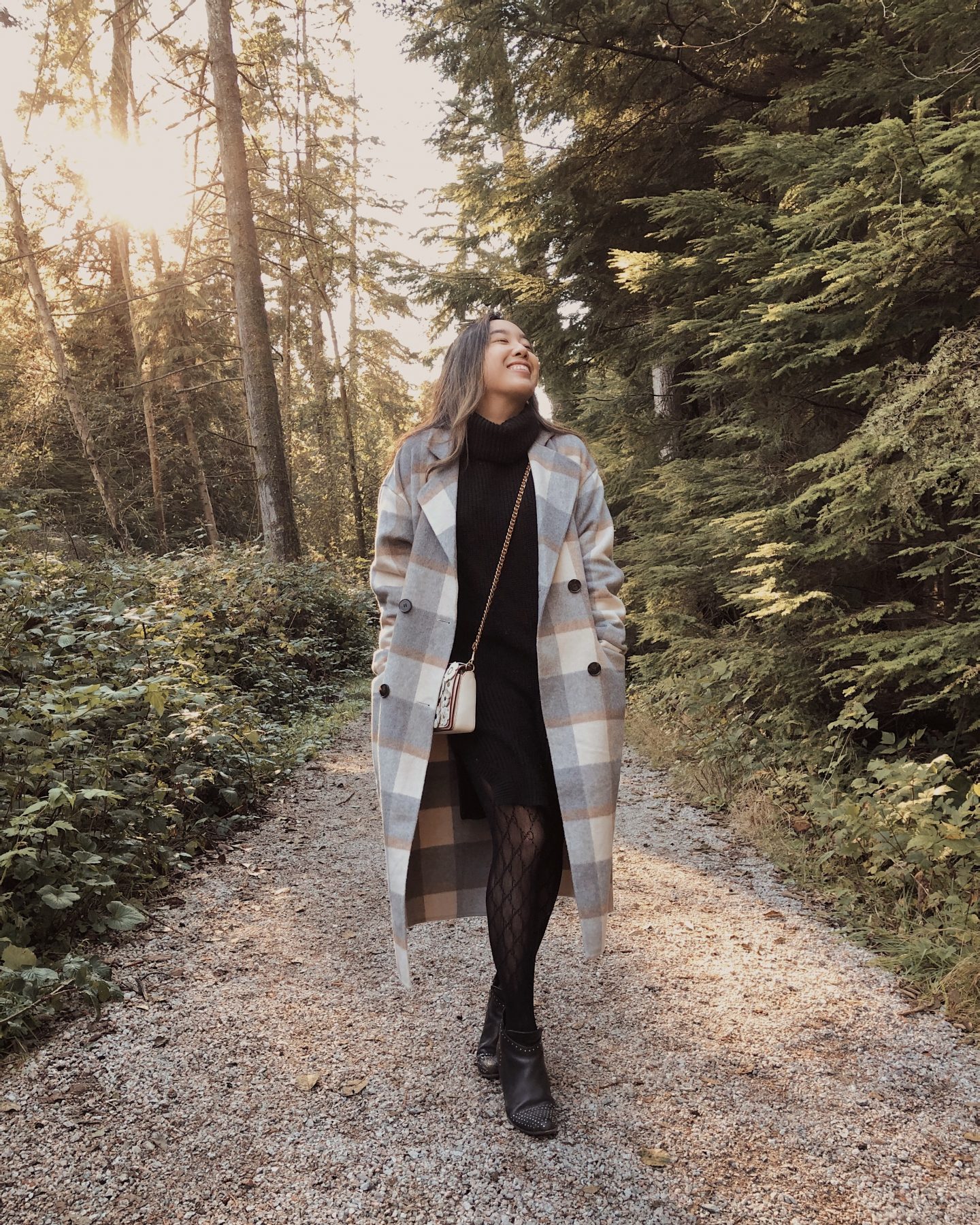 Strolling through the forest in the fall with my plaid jacket