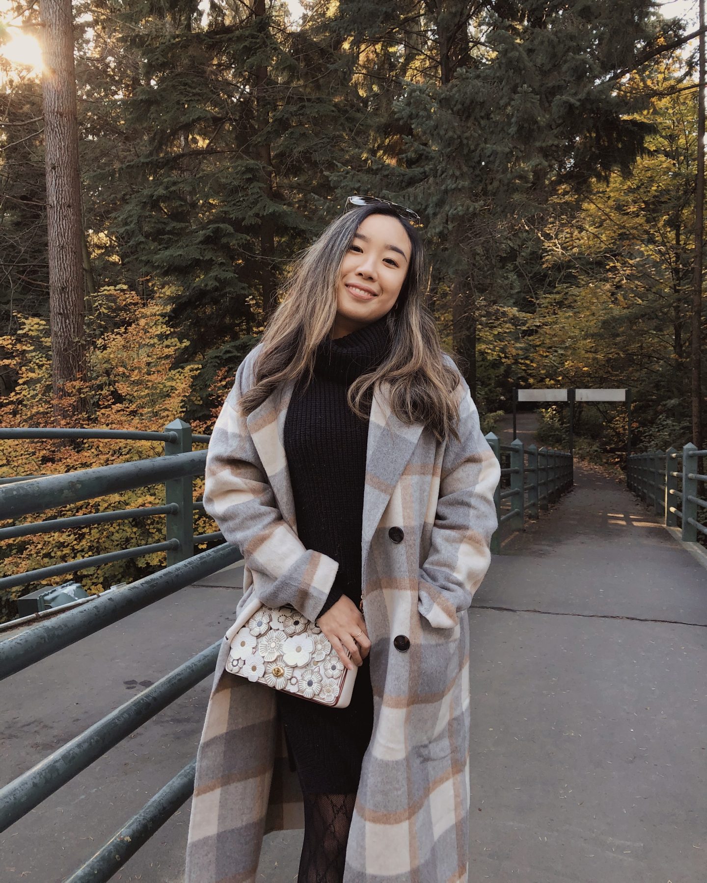 Watching the fall colours change with my plaid blazer coat