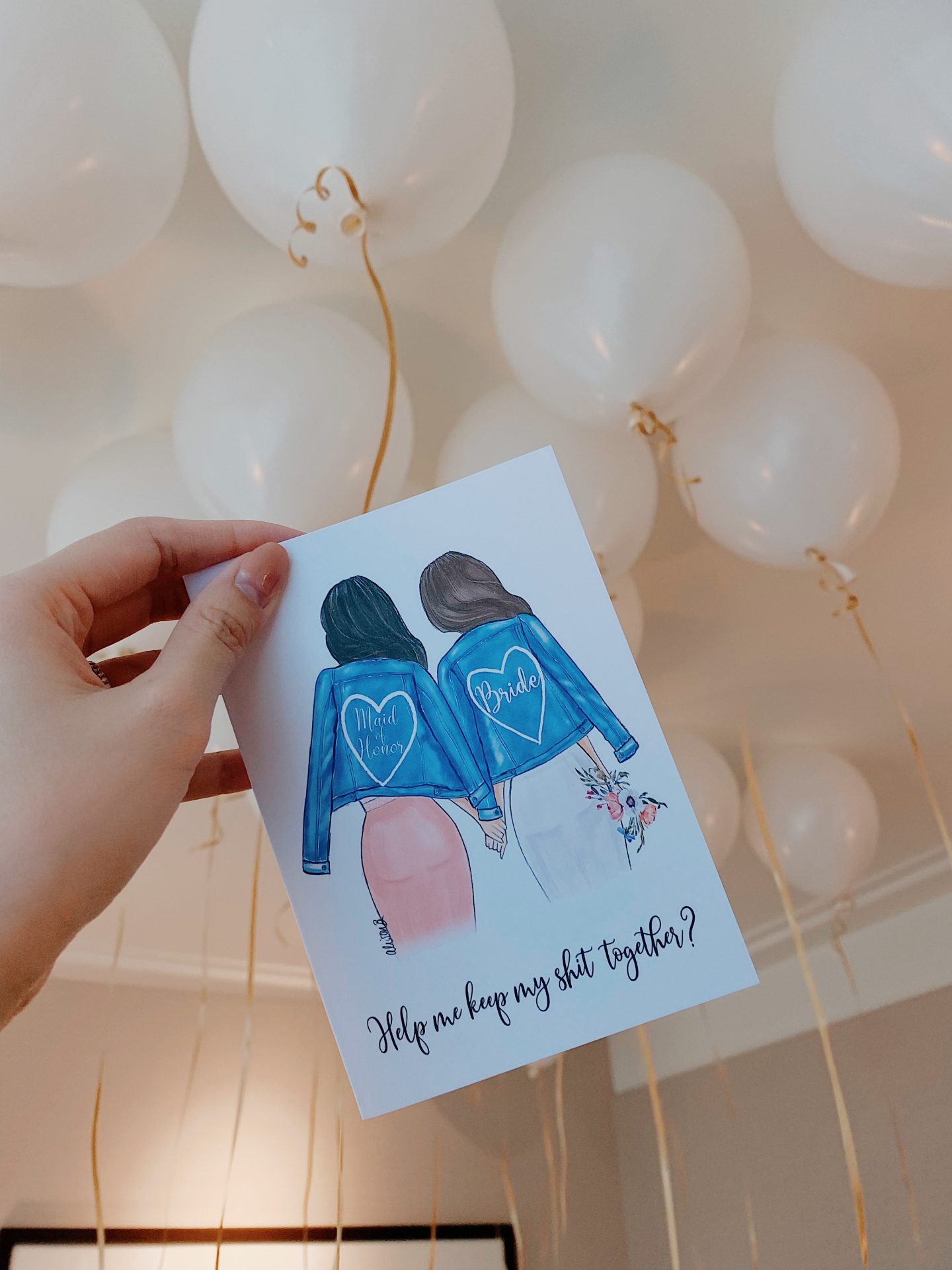 picture of my bridesmaid proposal card on a background of balloons