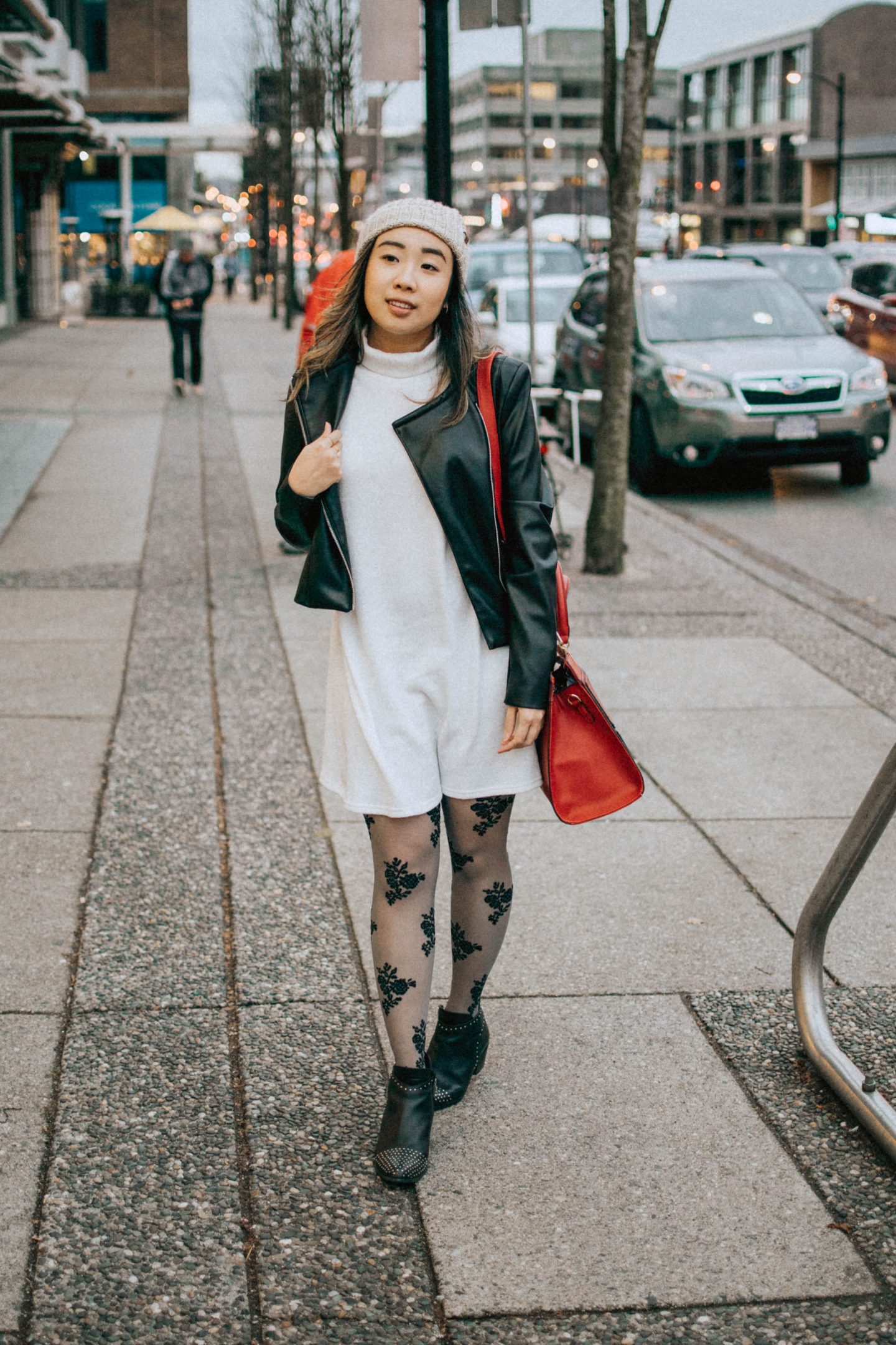 Fall trends to try: Leather Jacket Layering paired with my toque and grey dress 