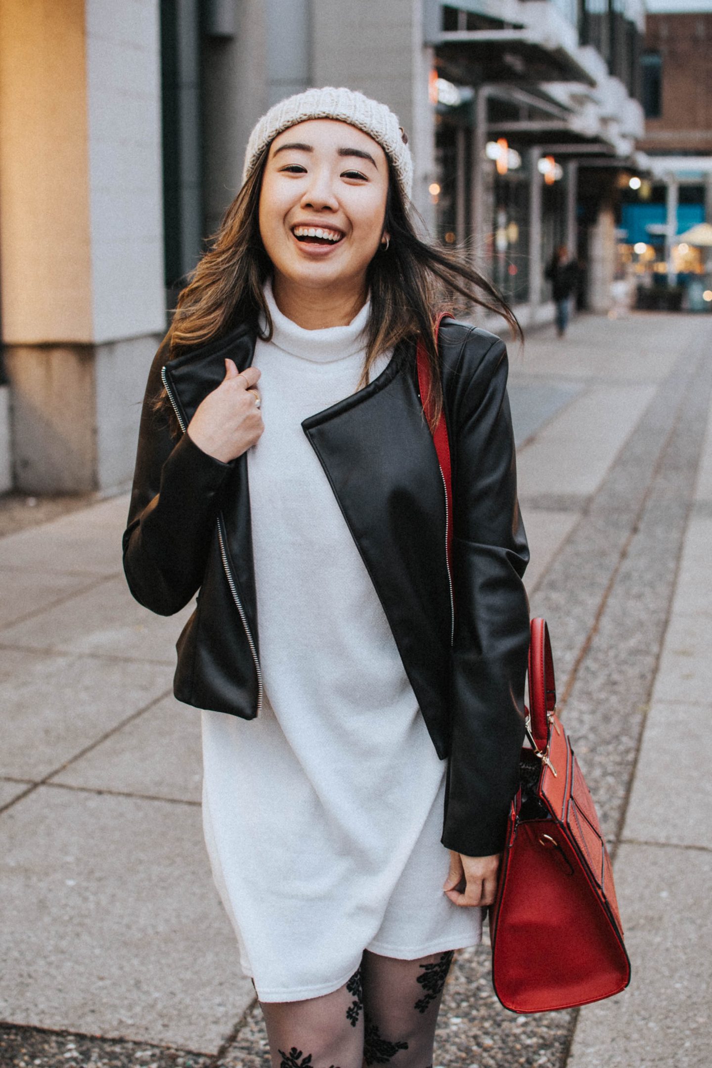 Fall trends to try: Toque with PomPom paired with my moto jacket and grey dress