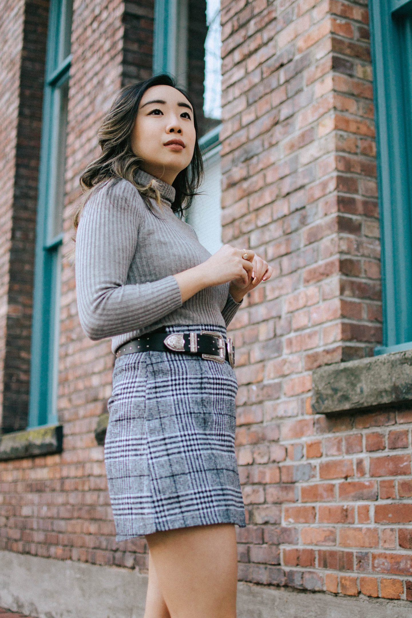 1 piece 2 ways - wearing my checkered mini skirt with booties belt and grey turtleneck