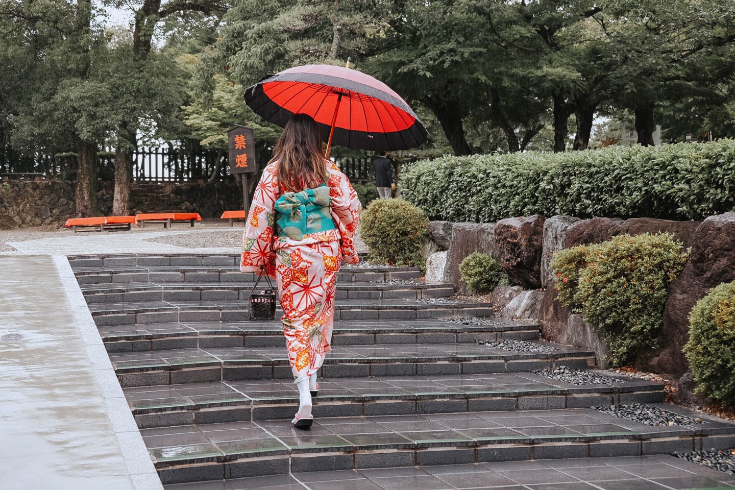 Climbing up the stairs to the top of Japan’s National Treasure- The Inuyama Castle in Nishio Central Japan with silk kimonos
