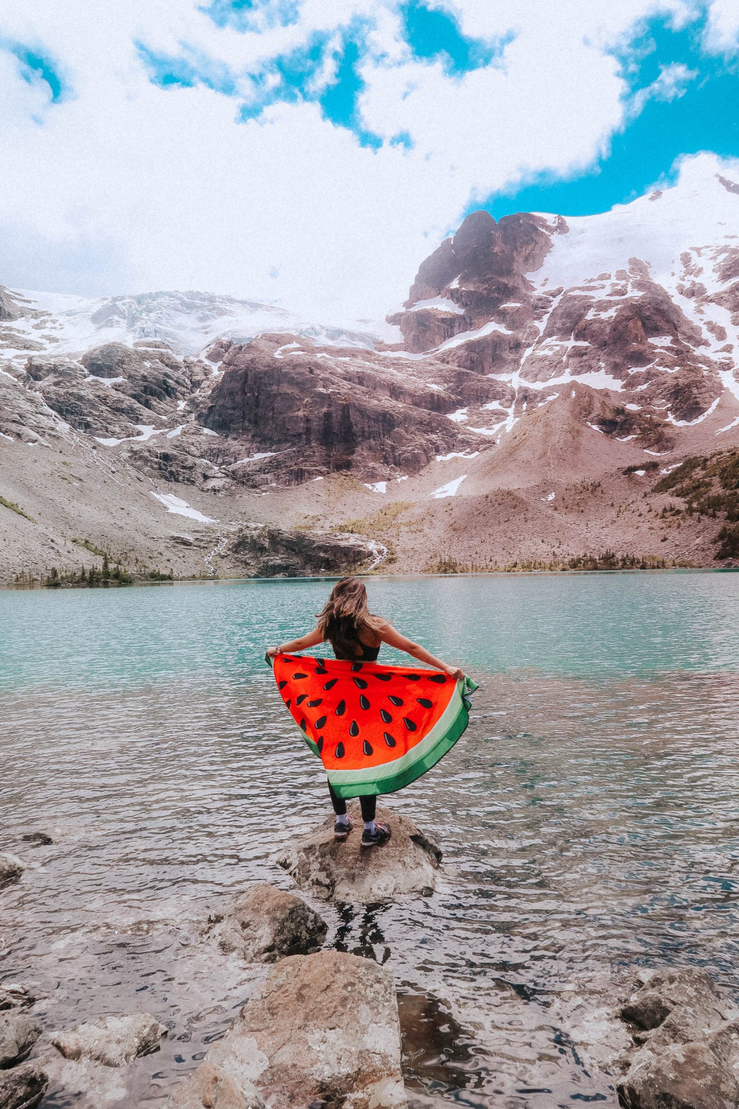 Gorgeous View of Joffre Lake and the mountains with my watermelon blanket