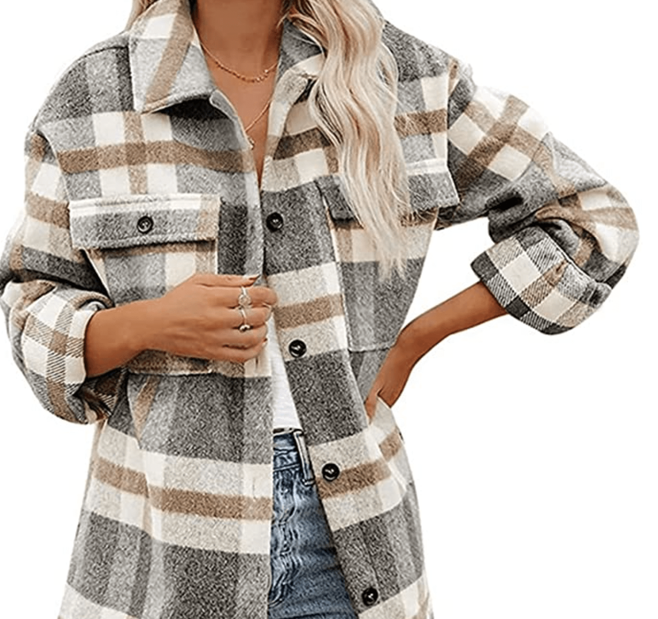 Holiday Gift Guide Shirt Jacket with grey brown and white plaid