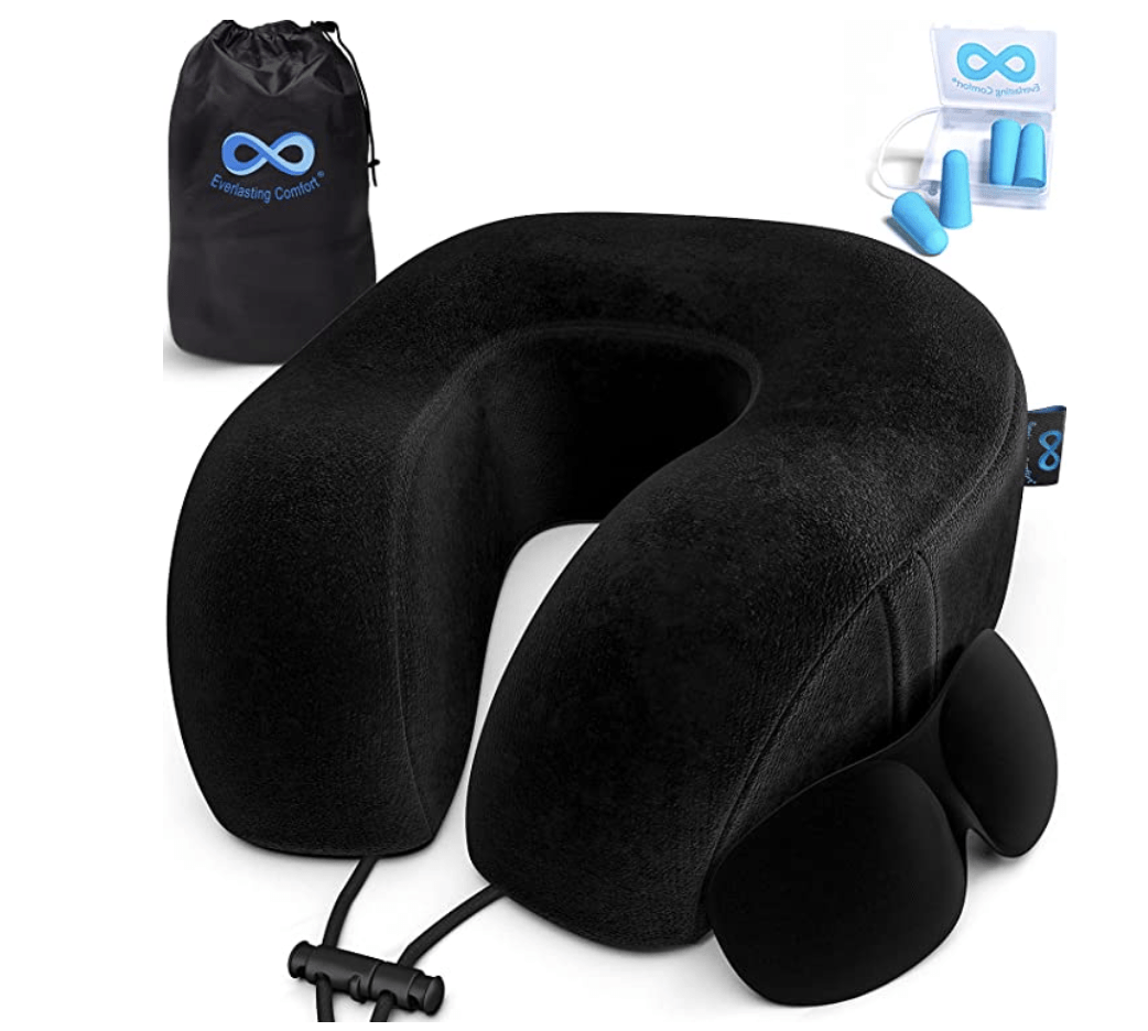 holiday gift guide travel pillow in black with accessories