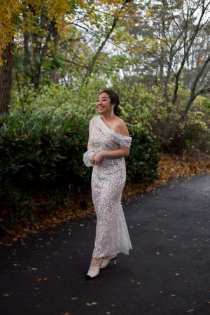 Wearing my ROM party wedding dress as I walk